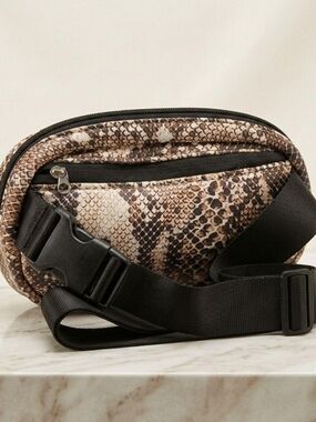 Snake-Print Mini Crossbody Belt Bag in Brown